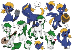 Size: 4676x3308 | Tagged: safe, artist:dar, derpibooru import, oc, oc:meadow skip, oc:slashbuckler, unofficial characters only, earth pony, pegasus, fanfic:song of seven, ..., braid, braided tail, bucket, clothes, colored fetlocks, cutie mark, earth pony oc, eyes closed, guitar, hammer, heart, hooves, image, laughing, long tail, lute, music, music notes, musical instrument, nails, pegasus oc, playing instrument, png, raised hoof, shield, short tail, simple background, singing, smiling, solo, tail, transparent background, unshorn fetlocks, wings, yelling