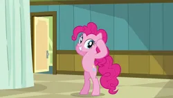 Size: 1280x720 | Tagged: safe, derpibooru import, screencap, pinkie pie, earth pony, pony, read it and weep, season 2, bipedal, hospital, image, looking at you, png, smiling, solo, standing