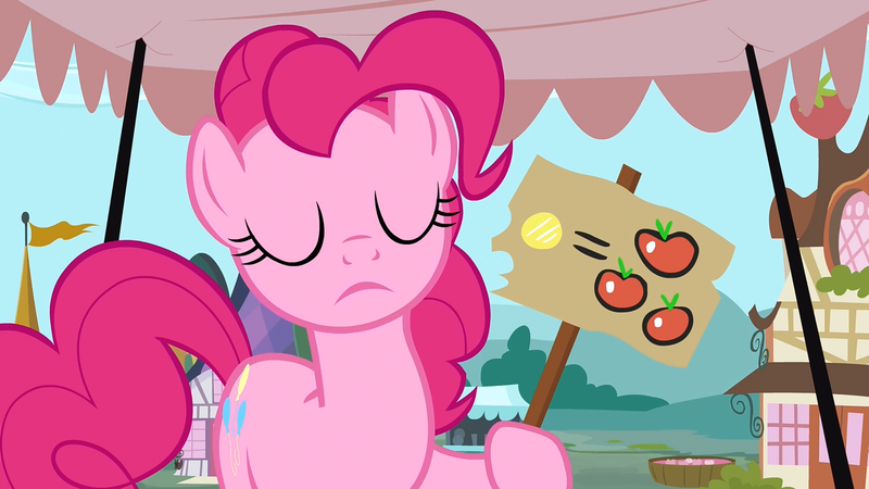 Size: 1280x720 | Tagged: safe, derpibooru import, screencap, pinkie pie, earth pony, pony, putting your hoof down, season 2, bits, eyes closed, food, image, png, sign, solo, tomato