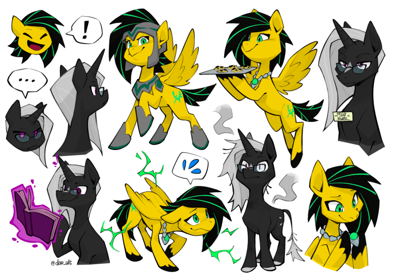 Size: 4676x3308 | Tagged: safe, artist:dar, derpibooru import, oc, oc:lightning bug, oc:polaris, unofficial characters only, pegasus, pony, unicorn, fanfic:song of seven, ..., armor, armored pony, black mane, book, burnt, clothes, cookie, cutie mark, electricity, eyes closed, female, food, gem, gemstones, glasses, glow, glowing horn, helmet, hooves, horn, image, jewelry, leonine tail, magic, mare, name tag, necklace, open mouth, pegasus oc, png, raised hoof, short tail, simple background, singing, smoke, soldier, soldier pony, solo, sparks, striped mane, tail, telekinesis, tray, unicorn oc, wings