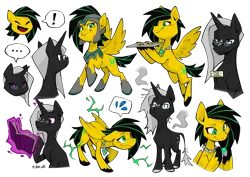 Size: 4676x3308 | Tagged: safe, artist:dar, derpibooru import, oc, oc:lightning bug, oc:polaris, unofficial characters only, pegasus, pony, unicorn, fanfic:song of seven, ..., armor, armored pony, black mane, book, burnt, clothes, cookie, cutie mark, electricity, eyes closed, female, food, gem, gemstones, glasses, glow, glowing horn, helmet, hooves, horn, image, jewelry, leonine tail, magic, mare, name tag, necklace, open mouth, pegasus oc, png, raised hoof, short tail, simple background, singing, smoke, soldier, soldier pony, solo, sparks, striped mane, tail, telekinesis, tray, unicorn oc, wings
