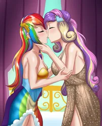 Size: 1643x2048 | Tagged: suggestive, artist:thebrokencog, derpibooru import, princess cadance, rainbow dash, human, balcony, big breasts, breasts, bust, busty princess cadance, cadash, castle, circlet, clothes, commission, dress, eyes closed, female, females only, gala dress, gown, hairpin, hand on arm, hand on head, humanized, image, imminent kissing, infidelity, kissing, lesbian, long hair, love, png, romance, romantic, shipping