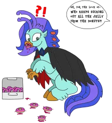 Size: 2115x2306 | Tagged: safe, artist:supahdonarudo, derpibooru import, oc, oc:sea lilly, unofficial characters only, classical hippogriff, hippogriff, vampire, bite mark, cape, caught, clothes, costume, dialogue, donut, exclamation point, fangs, food, halloween, halloween costume, holiday, image, jelly, png, question mark, simple background, speech bubble, text, transparent background