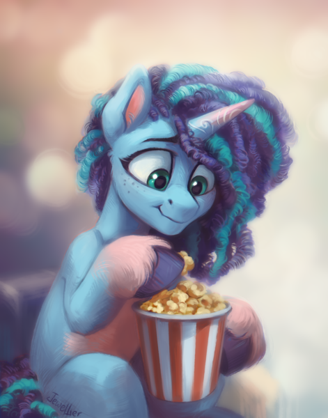 Size: 1100x1400 | Tagged: safe, artist:jewellier, derpibooru import, pony, unicorn, g5, abstract background, eating, female, food, freckles, image, magnetic hooves, mare, misty brightdawn, png, popcorn, sitting, that pony sure does love popcorn, unshorn fetlocks