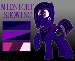 Size: 3697x3000 | Tagged: safe, artist:legendoflink, derpibooru import, oc, oc:midnight showing, unofficial characters only, earth pony, pony, bandana, earth pony oc, female, freckles, gradient background, image, jpeg, mare, raised hoof, reference sheet, short mane, solo, undercut, wingding eyes