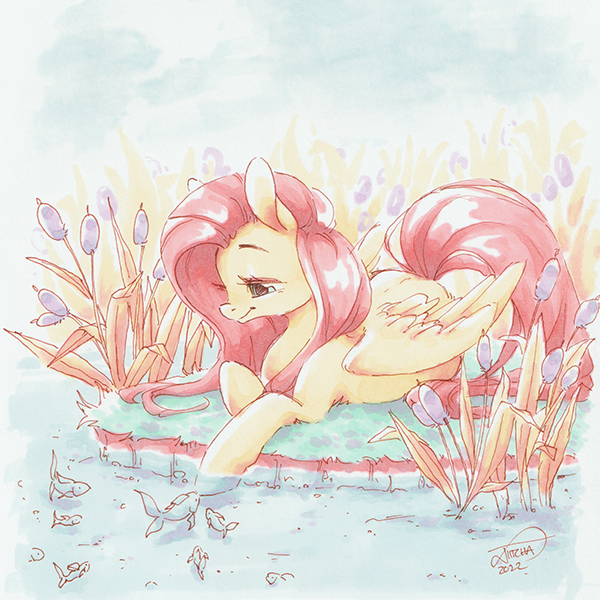 Size: 600x600 | Tagged: safe, artist:tiitcha, derpibooru import, fluttershy, fish, pegasus, pony, female, image, mare, png, solo, traditional art, water