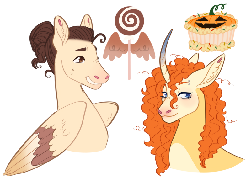 Size: 1280x923 | Tagged: safe, artist:s0ftserve, derpibooru import, pound cake, pumpkin cake, pony, cake twins, coat markings, curly hair, curved horn, cutie mark, female, gradient horn, hair bun, headcanon in the description, horn, image, male, mare, older, piercing, png, siblings, simple background, solo, stallion, transparent background, twins, two toned wings, wings