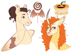 Size: 1280x923 | Tagged: safe, artist:s0ftserve, derpibooru import, pound cake, pumpkin cake, pony, cake twins, coat markings, curly hair, curved horn, cutie mark, female, gradient horn, hair bun, headcanon in the description, horn, image, male, mare, older, piercing, png, siblings, simple background, solo, stallion, transparent background, twins, two toned wings, wings