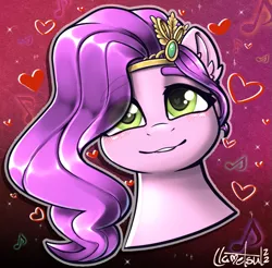 Size: 843x829 | Tagged: safe, artist:llametsul, derpibooru import, pipp petals, pony, blushing, bust, colored, cute, eye clipping through hair, g5, heart, image, looking at you, png, signature, smiling, solo