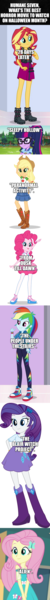 Size: 500x5960 | Tagged: safe, derpibooru import, edit, edited screencap, editor:lord you know who, screencap, applejack, fluttershy, pinkie pie, rainbow dash, rarity, sci-twi, sunset shimmer, twilight sparkle, equestria girls, equestria girls series, 28 days later, alien (franchise), comic, halloween, holiday, image, paranormal activity, png, screencap comic, sleepy hollow