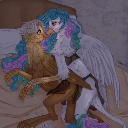 Size: 2100x2110 | Tagged: safe, derpibooru import, princess celestia, oc, oc:alviss, gryphon, bed, clothes, griffonized, image, loincloth, night, png, species swap, tribal, underwear, wings