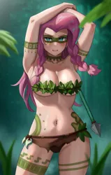 Size: 800x1257 | Tagged: suggestive, artist:tzc, derpibooru import, fluttershy, human, alternate timeline, amazon, armpits, belly button, bra, breasts, busty fluttershy, chrysalis resistance timeline, clothes, humanized, image, jpeg, jungle girl, loincloth, midriff, sexy, spear, tattoo, tribal, tribalshy, underwear, war paint, weapon