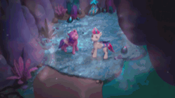 Size: 1280x720 | Tagged: safe, derpibooru import, screencap, my little pony: make your mark, my little pony: make your mark chapter 2, spoiler:g5, spoiler:my little pony: make your mark chapter 2, animated, cave, danger, debris, earthquake, falling, flower, g5, galloping, gif, image, ocean lily, oh no, portrait of a princess, rock, running, shaking, trapped, uh oh