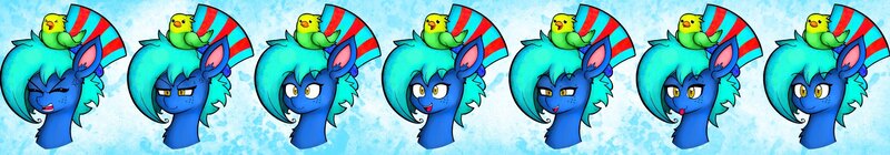 Size: 2092x365 | Tagged: safe, artist:facadeart, derpibooru import, oc, unofficial characters only, bird, cockatiel, pony, colored, cute, expressions, facial expressions, freckles, golden eyes, hat, image, jpeg