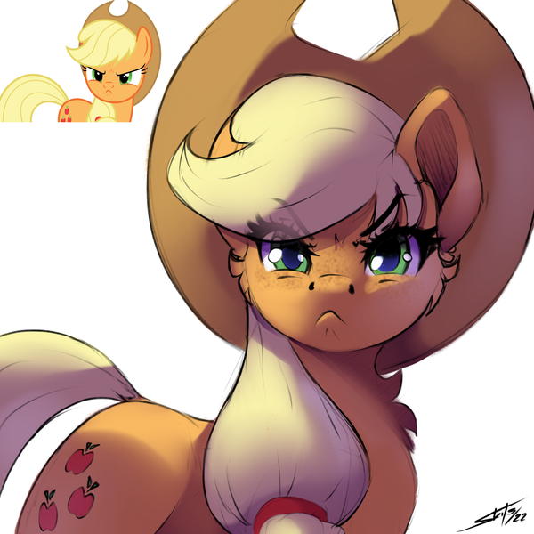 Size: 3000x3000 | Tagged: safe, artist:skitsniga, applejack, earth pony, pony, angry, angry at you, applejack is not amused, applejack's hat, cowboy hat, cute, cutie mark, eye clipping through hair, female, frown, hat, image, looking at you, madorable, mare, narrowed eyes, now you fucked up, png, scene interpretation, scowl, simple background, solo, this will not end well, unamused, white background