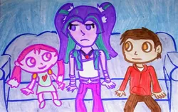 Size: 2281x1441 | Tagged: safe, artist:dex stewart, derpibooru import, aria blaze, human, disguise, disguised siren, image, jinmay, jpeg, marco diaz, star vs the forces of evil, traditional art