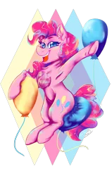 Size: 1573x2480 | Tagged: safe, artist:dankpegasista, derpibooru import, pinkie pie, balloon, chest fluff, colorful, detailed, geometry, image, jumping, lineart, png, simple background, smiling