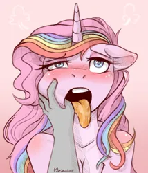 Size: 1200x1400 | Tagged: suggestive, alternate version, artist:maeveadair, derpibooru import, oc, oc:pink satin, unofficial characters only, alicorn, pony, semi-anthro, ahegao, alicorn oc, blushing, drool, female, female focus, finger in mouth, floppy ears, hand, heart, heart eyes, horn, huff, image, mare, offscreen character, open mouth, png, pov, solo, solo female, solo focus, tongue out, wingding eyes, wings