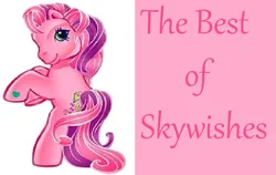 Size: 1667x1053 | Tagged: safe, artist:princessroselightcupcake, derpibooru import, edit, skywishes, earth pony, pony, best pony, cute, cutewishes, female, g3, hoof heart, image, mare, pink background, pink text, png, rearing, simple background, smiling, solo, text