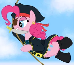 Size: 2349x2062 | Tagged: safe, artist:legendoflink, derpibooru import, pinkie pie, earth pony, pony, boots, clothes, cute, diapinkes, ear piercing, earring, eyepatch, female, hat, image, jewelry, mare, mouth hold, piercing, pinktober, pirate, pirate outfit, png, rope, shoes, solo, swinging, sword, weapon