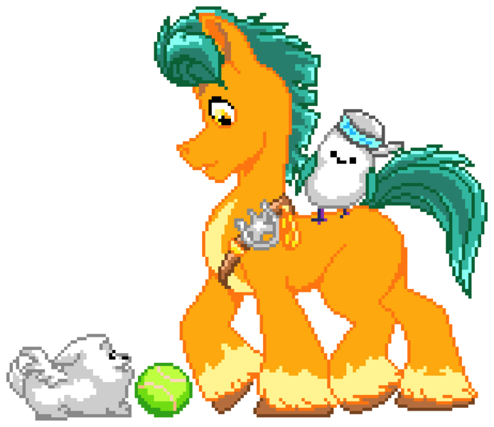 Size: 924x798 | Tagged: safe, artist:bcpony, artist:epicvon, derpibooru import, cloudpuff, hitch trailblazer, kenneth, bird, dog, earth pony, pomeranian, pony, seagull, animal, badge, ball, flying pomeranian, g5, image, male, manepxls, pixel art, png, pxls.space, simple background, stallion, tennis ball, transparent background, winged dog, wings