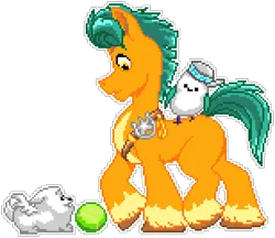 Size: 924x798 | Tagged: safe, artist:bcpony, artist:epicvon, derpibooru import, cloudpuff, hitch trailblazer, kenneth, bird, dog, earth pony, pomeranian, pony, seagull, animal, badge, ball, flying pomeranian, g5, image, male, manepxls, pixel art, png, pxls.space, simple background, stallion, tennis ball, transparent background, winged dog, wings