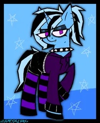 Size: 697x854 | Tagged: safe, artist:xxv4mp_g4z3rxx, derpibooru import, trixie, pony, unicorn, alternate design, alternate hairstyle, blue background, clothes, ear piercing, emo, fangs, female, hoodie, image, mare, mistake, piercing, png, shorts, signature, simple background, socks, solo, stars, striped socks