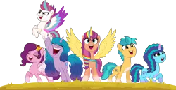 Size: 12712x6541 | Tagged: safe, artist:ejfirelightningarts, artist:ejlightning007arts, derpibooru import, hitch trailblazer, izzy moonbow, pipp petals, sunny starscout, zipp storm, alicorn, earth pony, pegasus, pony, unicorn, g5, my little pony: a new generation, my little pony: make your mark, spoiler:g5, alternate new mane six (g5), artificial horn, artificial wings, augmented, bag, blaze (coat marking), bracelet, callback, coat markings, eyes closed, facial markings, female, flying, freckles, friendship bracelet, g4, g5 to g4, generation leap, handbag, horn, image, jewelry, magic, magic horn, magic wings, male, mane five (g5), mare, misty brightdawn, multicolored hair, open mouth, open smile, png, race swap, rainbow hair, saddle bag, smiling, socks (coat marking), spread wings, stallion, sunnycorn, tiara, wings
