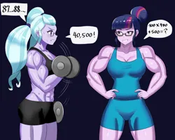 Size: 800x640 | Tagged: safe, artist:tzc, derpibooru import, sci-twi, sugarcoat, twilight sparkle, equestria girls, abs, buff, clothes, commission, dumbbell (object), duo, female, fetish, glasses, grin, image, jpeg, leotard, math, muscle fetish, muscles, muscular female, shorts, smiling, sports bra, sports shorts, sweat, weights