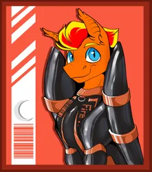 Size: 3000x3398 | Tagged: suggestive, artist:parrpitched, derpibooru import, oc, oc:fireheart(fire), hybrid, bust, clothes, donut steel, fireheart76's latex suit design, gloves, image, kink, latex, latex gloves, latex suit, pegabat, png, prisoners of the moon, rubber, rubber suit, solo