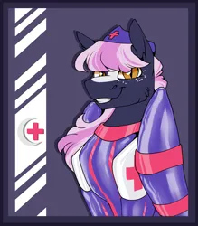 Size: 2978x3398 | Tagged: suggestive, artist:parrpitched, derpibooru import, oc, oc:nurse lavender blossom, bat pony, bat pony oc, bat wings, bound wings, fireheart76's latex suit design, image, kink, latex, latex suit, nurse, png, prisoners of the moon, rubber, rubber suit, solo, wings