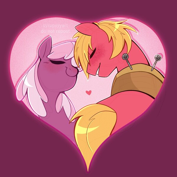 Size: 2169x2169 | Tagged: safe, artist:syrupyyy, derpibooru import, big macintosh, cheerilee, earth pony, pony, cheerimac, eyes closed, female, heart, hearts and hooves day, image, jpeg, male, mare, ponytober, shipping, smiling, stallion, straight