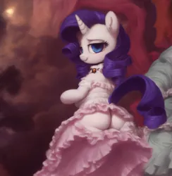 Size: 1000x1024 | Tagged: suggestive, derpibooru import, machine learning generated, purplesmart.ai, stable diffusion, rarity, pony, unicorn, butt, clothes, female, image, looking at you, looking back, mare, plot, png, sexy, smiling, solo, solo female, victorian dress