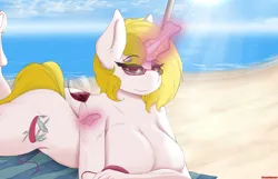 Size: 3508x2259 | Tagged: suggestive, artist:drawalaverr, derpibooru import, oc, oc:jack knife, unofficial characters only, anthro, unicorn, alcohol, anthro oc, ass, beach, big breasts, breasts, butt, cloud, commission, female, glass, glasses, image, looking at you, lying, lying down, milf, nudity, png, sky, solo, solo female, sultry pose, sunbathing, sunglasses, sunlight, towel, wave, wine, wine glass