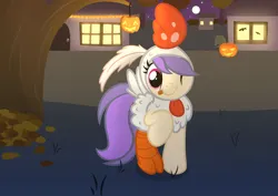 Size: 2970x2100 | Tagged: safe, artist:candy meow, derpibooru import, oc, oc:ellowee, unofficial characters only, earth pony, pony, ;p, animal costume, autumn, chicken suit, clothes, costume, earth pony oc, female, gravestone, halloween, halloween costume, high res, holiday, house, image, leaves, legends of equestria, mare, mascot, moon, night, nightmare night, one eye closed, png, pumpkin, solo, stars, tongue out, tree, wink