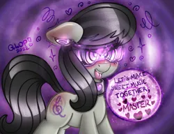 Size: 1442x1108 | Tagged: suggestive, artist:qlop, derpibooru import, octavia melody, earth pony, pony, bedroom eyes, black mane, black tail, blushing, clothes, collar, dialogue, dizzy, earpiece, female, femsub, floppy ears, flustered, glowing cutie mark, gray coat, heart, hypno eyes, hypnogear, hypnosis, hypnotized, image, innuendo, kaa eyes, looking forward, mare, open mouth, open smile, png, purple background, simple background, smiling, solo, speech bubble, submissive, tail, tongue out