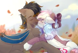 Size: 1920x1307 | Tagged: safe, artist:kisakkk, derpibooru import, oc, oc:black night, oc:blazey sketch, unofficial characters only, bat pony, pegasus, autumn, bat pony oc, bat wings, blushing, bow, clothes, couple, duo, hair bow, hugging a pony, image, nuzzling, pegasus oc, png, sweater, wings