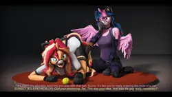 Size: 9600x5400 | Tagged: suggestive, artist:imafutureguitarhero, derpibooru import, sci-twi, sunset shimmer, twilight sparkle, twilight sparkle (alicorn), alicorn, anthro, classical unicorn, unguligrade anthro, unicorn, 2d to 3d, 3d, absurd file size, absurd resolution, animal costume, arm fluff, arm freckles, ball, bare shoulders, bdsm, behaving like a cat, belts, black bars, bondage, bondage mitts, boots, cat costume, cat ears, cheek fluff, chest freckles, chromatic aberration, clothes, cloven hooves, collar, colored eyebrows, colored eyelashes, costume, derpibooru exclusive, dialogue, drool, drool string, duo, duo female, ear fluff, elbow fluff, evening gloves, face mask, fangs, female, femsub, film grain, fluffy, fluffy hair, fluffy mane, fluffy tail, freckles, fur, gag, glasses, glasses off, gloves, harness gag, harness ring gag, hoof boots, horn, image, inspired by another artist, jpeg, knee pads, knee tied, kneeling, leash, leather, leather boots, leg fluff, leonine tail, lesbian, long gloves, looking at someone, mask, multicolored hair, multicolored mane, multicolored tail, on floor, open mouth, paintover, pants, partially open wings, paw gloves, paws, peppered bacon, pet play, recursive fanart, restrained, revamped anthros, revamped ponies, ring gag, scitwishimmer, shipping, shirt, shoes, shorts, shoulder fluff, shoulder freckles, signature, smiling, socks, source filmmaker, stage.bsp, straps, striped gloves, striped socks, submissive, subset, subtitles, sunset shimmer is not amused, sunsetsparkle, t-shirt, tail, tail fluff, tanktop, telepathy, tennis ball, text, tongue out, unamused, unshorn fetlocks, varying degrees of amusement, wall of tags, wings