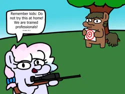 Size: 1024x768 | Tagged: safe, derpibooru import, oc, oc:heavy weather, oc:smelly bigshit, unofficial characters only, earth pony, pegasus, bow, dialogue, gun, hair bow, image, png, rifle, sniper rifle, target, text, this will end in death, this will end in pain and/or death, tree, weapon