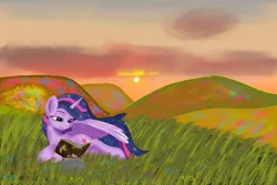 Size: 1024x683 | Tagged: safe, artist:starsongdusk, derpibooru import, twilight sparkle, twilight sparkle (alicorn), alicorn, pony, book, book of harmony, cutie mark, ethereal mane, female, g4, grass, hill, image, jpeg, lidded eyes, lying down, mare, one wing out, prone, reading, scenery, smiling, solo, starry mane, twilight (astronomy), wings