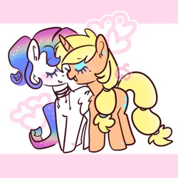 Size: 694x694 | Tagged: safe, artist:cutiesparke, derpibooru import, applejack, rarity, pegasus, unicorn, alternate design, alternate hairstyle, alternate universe, duo, female, gem, heart, image, jewelry, lesbian, multicolored hair, necklace, pegasus rarity, pink background, png, race swap, rainbow hair, rarijack, shipping, simple background, unicorn applejack