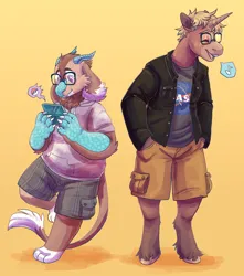 Size: 1636x1851 | Tagged: safe, artist:eggoatt, oc, oc:space cadet, unofficial characters only, anthro, unguligrade anthro, unicorn, clothes, furry, glasses, image, jacket, looking down, music notes, nasa, png, pokéball, pokémon, shorts, simple background