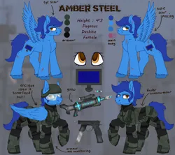 Size: 4500x4000 | Tagged: safe, artist:molars, derpibooru import, oc, oc:amber steel, unofficial characters only, pegasus, pony, fallout equestria, armor, armour plates, chestplate, commission, dashite, enclave, gun, helmet, image, magical energy weapon, png, reference sheet, scar, solo, visor, weapon