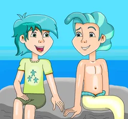 Size: 1190x1111 | Tagged: safe, artist:ocean lover, derpibooru import, sandbar, terramar, human, merboy, mermaid, merman, belly button, clothes, cutie mark, cutie mark on clothes, duo, duo male, green eyes, hands on waist, handsome, human coloration, humanized, image, looking at each other, looking at someone, male, mermanized, ocean, open mouth, outdoors, png, shiny skin, shirt, shorts, sitting, sky, smiling, smiling at each other, species swap, t-shirt, water