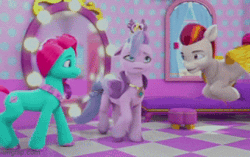 Size: 321x202 | Tagged: safe, derpibooru import, screencap, queen haven, earth pony, pegasus, pony, my little pony: make your mark, my little pony: make your mark chapter 2, spoiler:g5, spoiler:my little pony: make your mark chapter 2, spoiler:myms01e03, animated, colored wings, crown, cute, female, floppy ears, flying, g5, gif, image, jazz (g5), jazz has no ears, jewelry, looking at each other, looking at someone, lounge, male, mare, mirror, portrait of a princess, reflection, regalia, rocky (g5), stallion, trio, unshorn fetlocks, window, wings