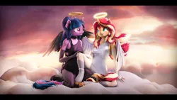 Size: 9600x5400 | Tagged: safe, artist:imafutureguitarhero, derpibooru import, sci-twi, sunset shimmer, twilight sparkle, twilight sparkle (alicorn), alicorn, anthro, classical unicorn, unguligrade anthro, unicorn, 3d, absurd file size, absurd resolution, alicornified, angel, arm freckles, black bars, boots, cheek fluff, chest fluff, chest freckles, chromatic aberration, clothes, cloud, cloven hooves, collar, colored eyebrows, colored eyelashes, contrast, costume, cute, dialogue in the description, dress, duo, ear fluff, ear freckles, evening gloves, fallen angel, female, film grain, floppy ears, fluffy, fluffy hair, fluffy mane, fluffy tail, freckles, fur, glitter, gloves, grin, halo, holding hands, horn, image, jewelry, jpeg, kneeling, leg freckles, leonine tail, long gloves, long hair, long mane, looking at each other, looking at someone, matching outfits, multicolored hair, multicolored mane, multicolored tail, necklace, nose wrinkle, not dead, on a cloud, one ear down, open mouth, outdoors, paintover, peppered bacon, race swap, revamped anthros, revamped ponies, scitwilicorn, see-through, shimmerbetes, shimmercorn, shoes, shoulder fluff, shoulder freckles, signature, sitting, sitting on cloud, sky, smiling, smiling at each other, socks, source filmmaker, stockings, tail, thigh highs, twiabetes, unshorn fetlocks, wall of tags, wind, windswept hair, windswept mane, wings