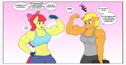 Size: 2048x1056 | Tagged: safe, artist:matchstickman, derpibooru import, apple bloom, applejack, anthro, earth pony, pony, tumblr:where the apple blossoms, abs, apple bloom's bow, apple brawn, applejacked, armpits, biceps, bow, breasts, busty apple bloom, busty applejack, clothes, comic, deltoids, dialogue, dumbbell (object), duo, female, flexing, flexing muscles, gradient background, hair bow, image, jpeg, mare, matchstickman's apple brawn series, muscles, older, older apple bloom, pecs, speech bubble, tumblr comic, weights