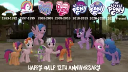 Size: 1920x1080 | Tagged: safe, artist:ponygamer2020, artist:ponygamersfm, derpibooru import, firefly, izzy moonbow, pinkie pie (g3), rarity (g3), scootaloo (g3), spike, sunny starscout, twilight (g1), twilight sparkle, twilight sparkle (alicorn), alicorn, dragon, earth pony, pegasus, pony, unicorn, mlp fim's twelfth anniversary, friendship is magic, my little pony 'n friends, my little pony: a new generation, my little pony: pony life, rescue at midnight castle, the runaway rainbow, 3d, anniversary, anniversary art, bracelet, cutie mark, evolution, flying, friendship bracelet, g1, g1 to g4, g3, g3 to g4, g3.5, g4, g5, generation leap, happy birthday mlp:fim, image, jewelry, my little pony logo, png, pony history, ponyville, princess rarity, source filmmaker, waving, waving at you, winged spike, wings