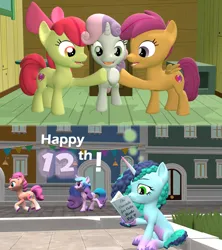 Size: 1920x2160 | Tagged: safe, artist:red4567, derpibooru import, apple bloom, izzy moonbow, scootaloo, sunny starscout, sweetie belle, mlp fim's twelfth anniversary, g5, 3d, book, comic, cutie mark crusaders, g4, g5 to g4, generation leap, happy birthday mlp:fim, image, misty brightdawn, png, reading, source filmmaker