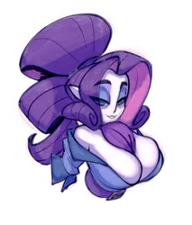 Size: 762x893 | Tagged: suggestive, artist:bigdad, derpibooru import, rarity, human, bare shoulders, big breasts, big hair, breasts, bust, busty rarity, cleavage, clothes, digital art, female, huge breasts, humanized, image, jpeg, looking at you, simple background, smiling, solo, solo female, white background